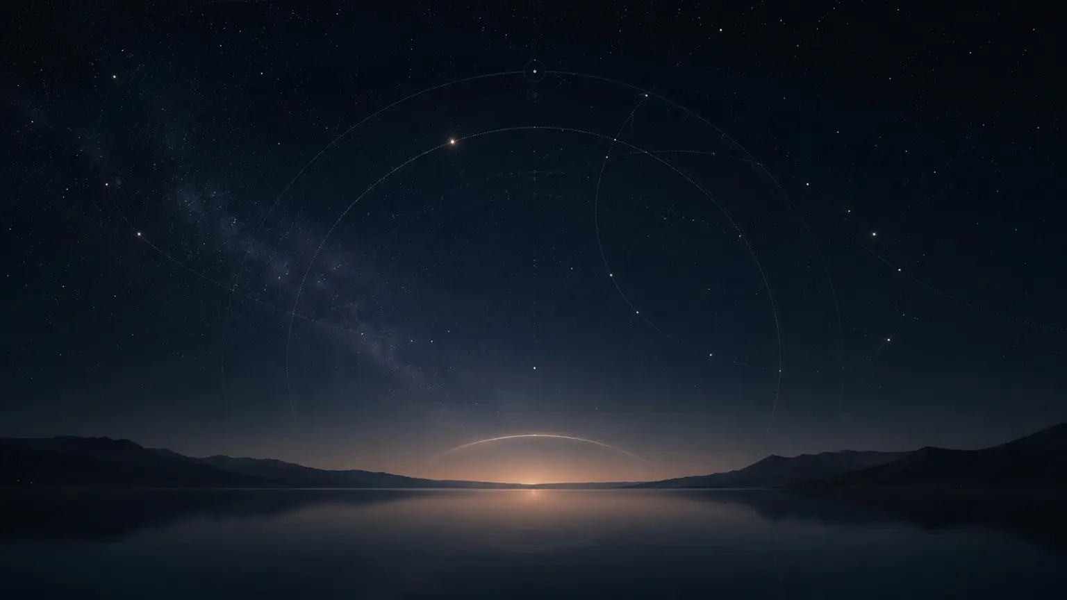 A quiet night horizon beneath a field of stars and faint interconnected orbital paths.