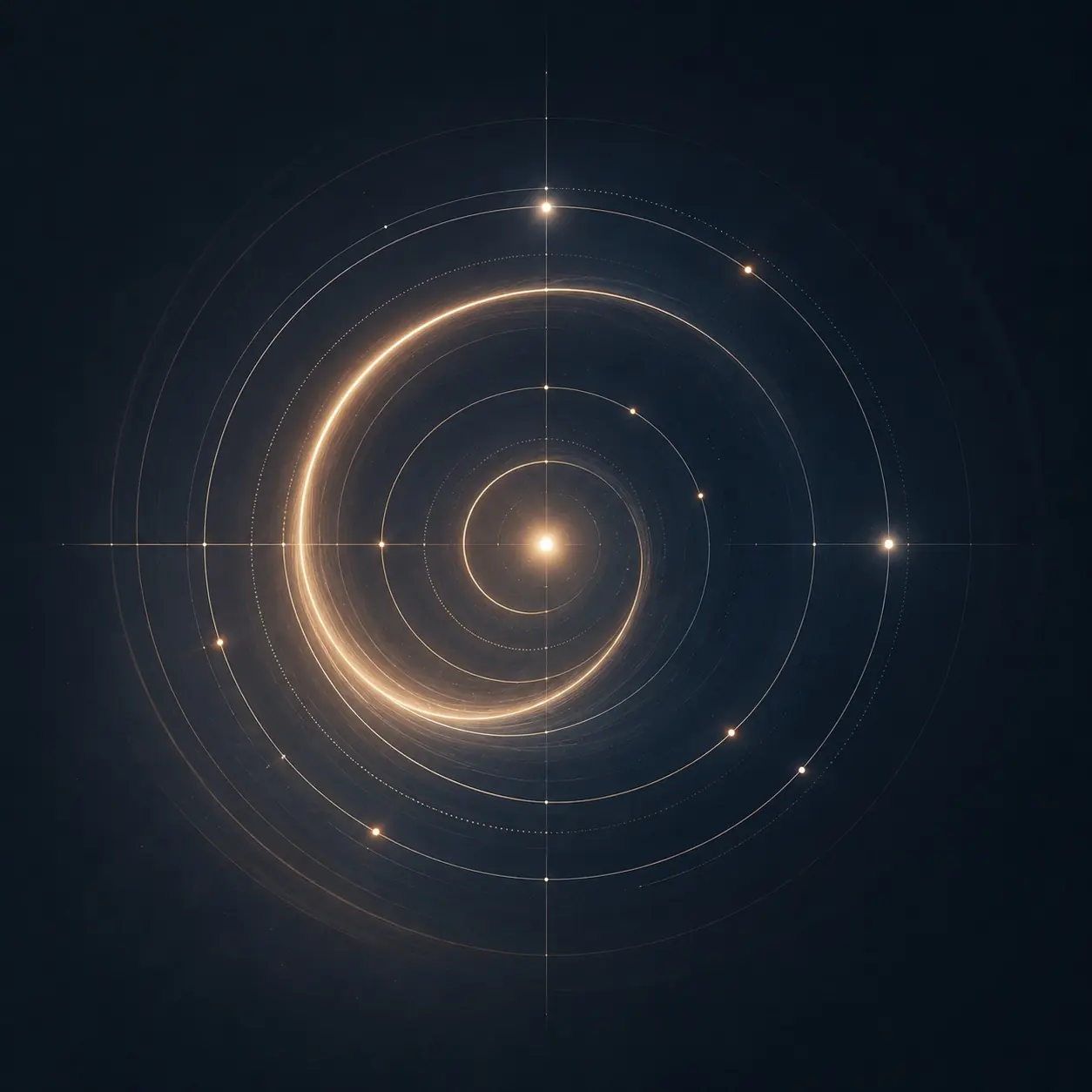 A luminous spiral and orbital map suggesting continuity across a changing system.